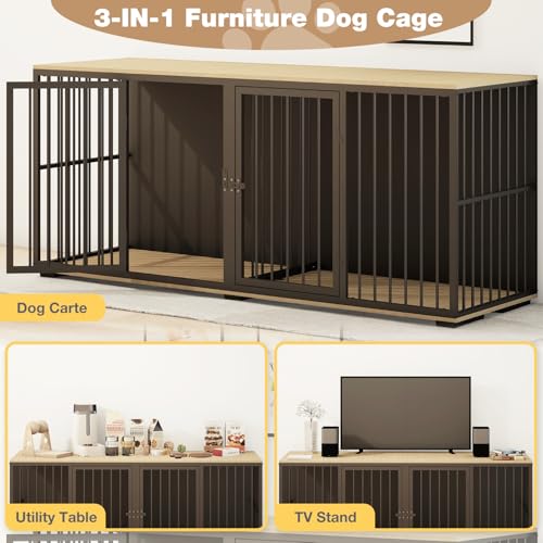 EBE Dog Crate Furniture, 71.6'' Metal Steel Frame Double Dog Kennel with 2 Rooms and Removable Divider