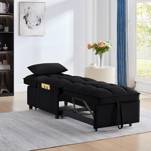 4 in 1 Multi-Function Single Sofa Bed, Pull Out Couch with Adjust Backrest, Tufted Single Pull-out Sofa Bed with Storage Pockets and 2 Pillows