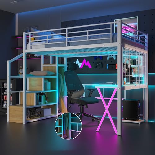 Modern Full Size Gaming Loft Bed with Built-in Desk and Storage Wardrobe, Wood Loft Bed Frame with Light Strip and 2 Drawers