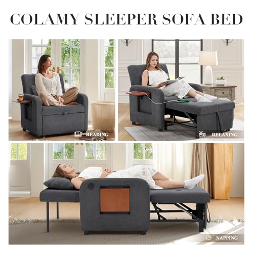 COLAMY Convertible Sleeper Chair-Fabric Futon Sofa Bed, Single Sleeper Sofa, Small Couch Bed with USB Port, Foldable Table, Pillow
