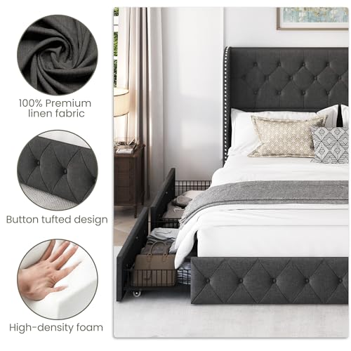 King Size Bed Frame with 4 Storage Drawers and Tufted Headboard Linen Upholstered Platform Bed Frame Wingback Beds with Wooden Slats Support