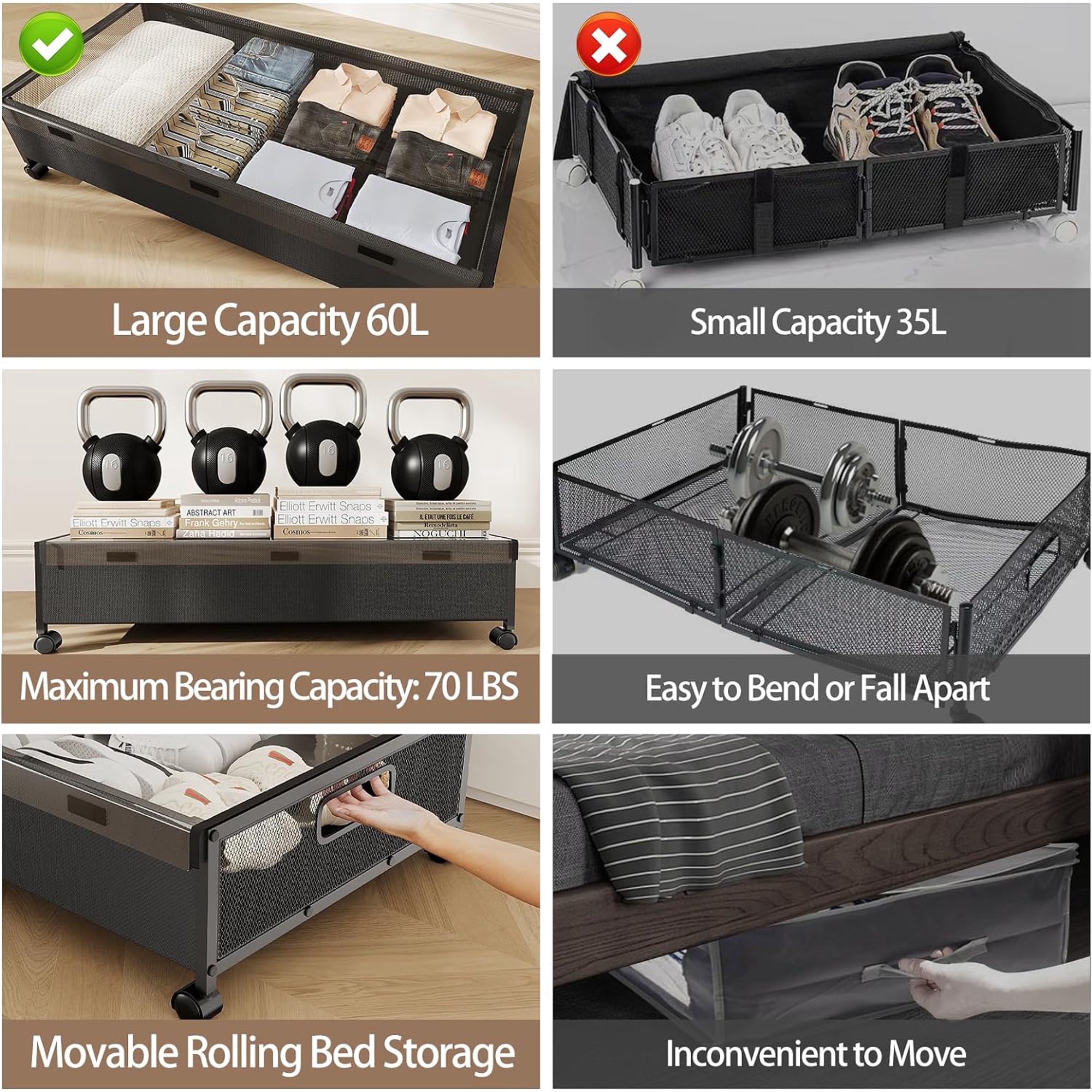 Under Bed Storage with Wheels,2 Pack Under Bed Shoe Storage, Under the Bed Storage Drawers with Remove Window