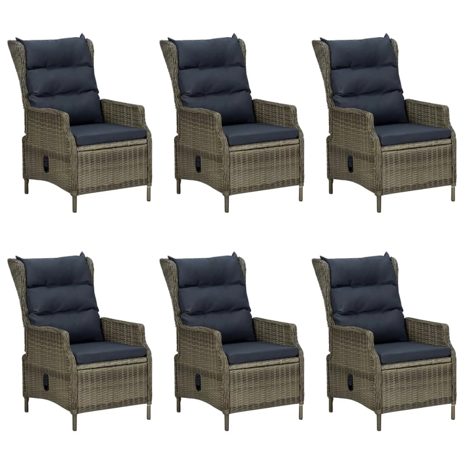 Anself 7 Piece Patio Dining Set Glass Tabletop Table and 6 Backrest Adjustable Chairs with Seat and Back Cushion Brown Poly Rattan for Outdoor