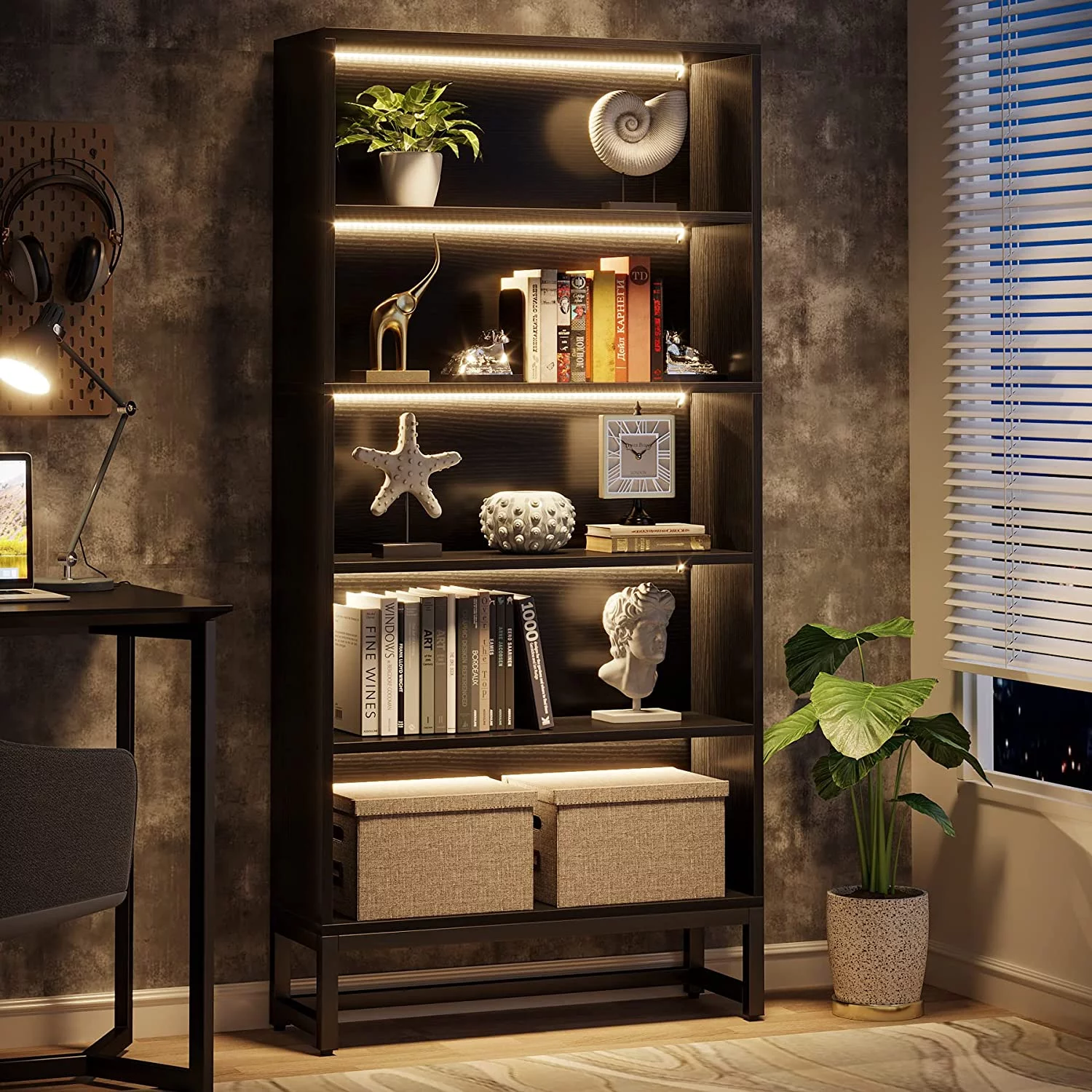 Tribesigns 5 Shelf Bookcase with Led Lights, Freestanding Display Organizer Shelving Unit for Home Office, Black