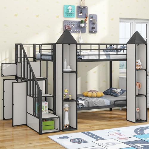 Full-Over-Full Castle Style Bunk Bed with 2 Drawers and 3 Shelves, Wood Bunk Bed Frame with Slide and Storage Staircase for Kids Teens Boys Girls