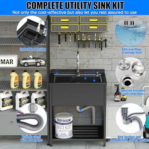 Stainless Steel Utility Sink, 36.6" × 24.2" × 36.6"Freestanding Sink with Cold and Hot Water Faucet,Hoses and Drain Kit for Kitchens, Bathrooms