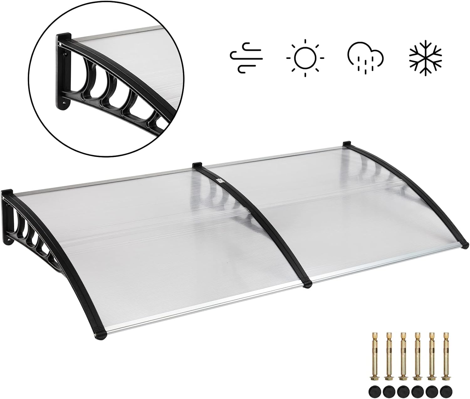 MATICO 79 Outdoor Clear Door Awning Patio Window Cover Polycarbonate Rain & Snow Protection, Modern Black Hollow Sheet with UV Protection Cover