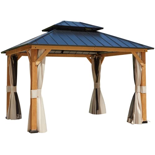 EROMMY 12'x20' Hardtop Gazebo Double Roof Galvanized Steel Canopy Outdoor Aluminum Frame Permanent Metal Pavilion with Netting and Curtains for Patio