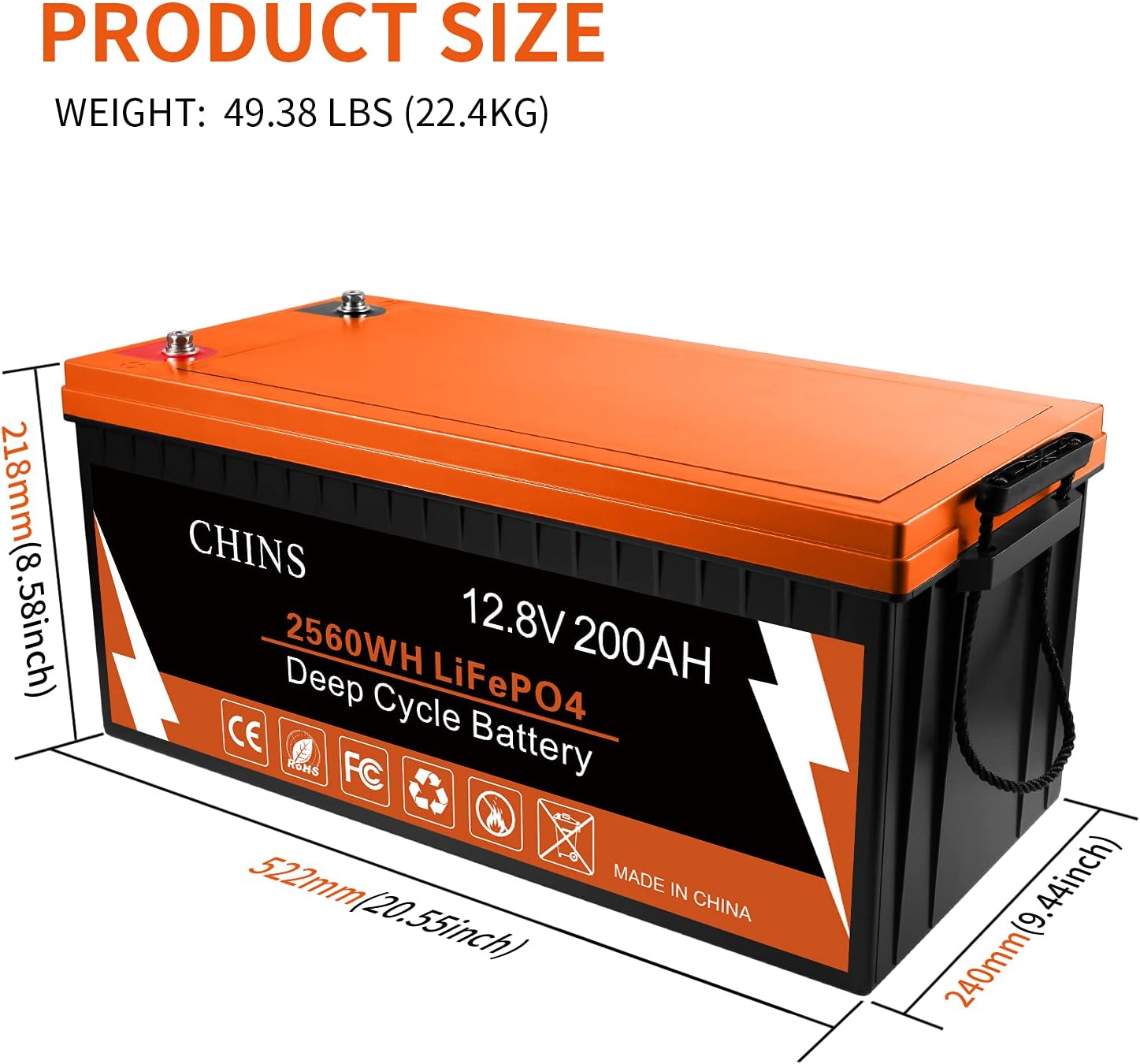 CHINS LiFePO4 Battery 24V 200Ah Lithium Battery - Built-in 200A BMS, 2000+ Cycles, Each battery Can Support 5120W Power Output, Perfect for RV