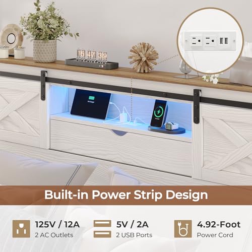 Hasuit Farmhouse Bed Frame California King Size with Storage Bookcase Headboard, Wooden Cal King Bed with LED Lights, Charging Station, 2 Drawers
