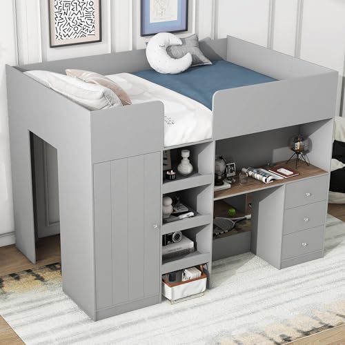 Harper & Bright Designs Full Size Loft Bed with Desk, Wood Full Loft Bed Frame with Built-in Wardrobe, Storage Shelves and Drawers, Gray
