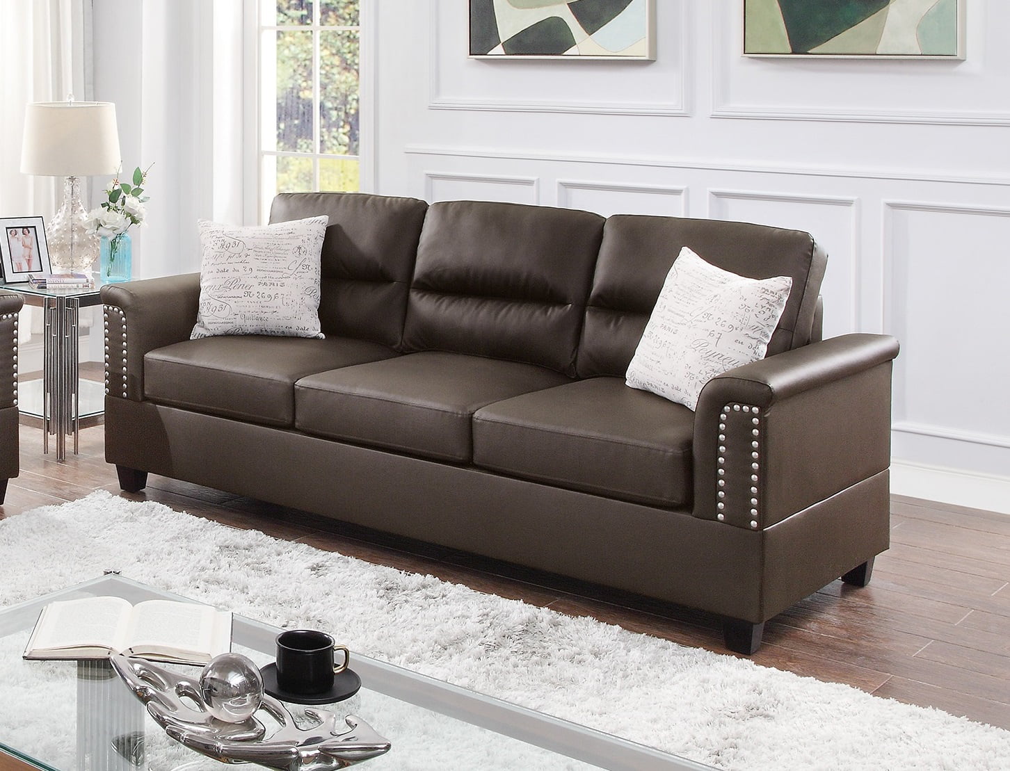 Espresso Contemporary Style Living Room Furniture 2pcs Sofa set Faux Leather Sofa And Loveseat Plush Cushion Couch