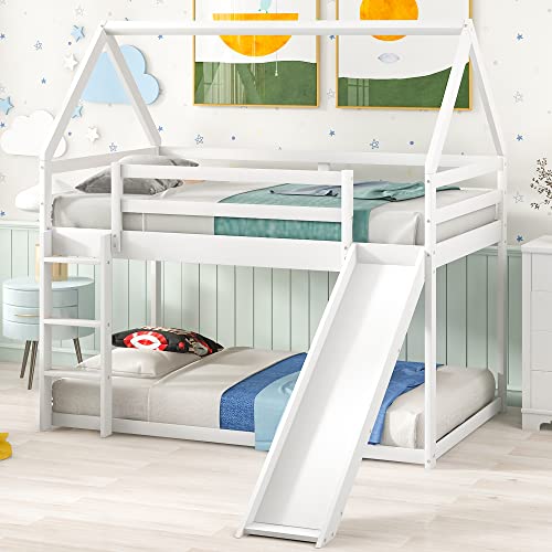 Kids Twin Over Twin Bunk Beds with Slide and Trundle, Solid Wood Bunk Bed Frame with Stairs and Storage