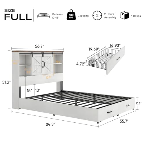 HOWE King Size Bed Frame, Wood Platform Bed Frame with 51.2" Bookcase Headboard, Storage Bed with Sliding Barn Door Charging Station 2 Drawers