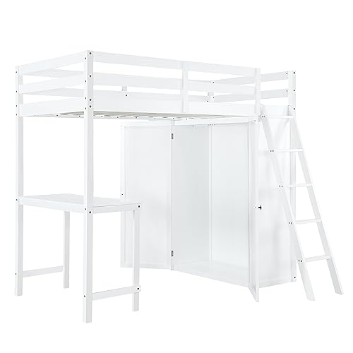 Harper & Bright Designs Full Size Loft Bed with Wardrobe and Desk, Solid Wood Loft Bed Frame with Storage, for Kids Teens Adults (Full Size, White)