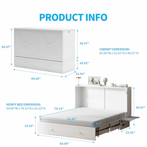 Mjkone Queen Size Murphy Bed with Tri-Folding Mattress, Charging Station, Modern Cabinet Bed with Drawers