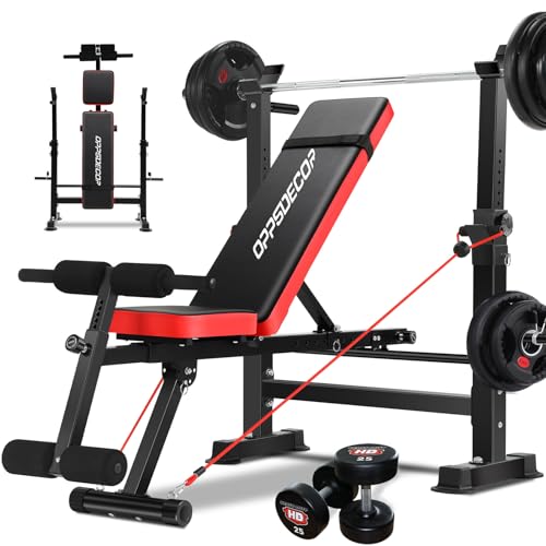 OPPSDECOR Weight Bench Set with Squat Rack, 6 in 1 600lbs Foldable Bench Press Set With Removable Leg Catch