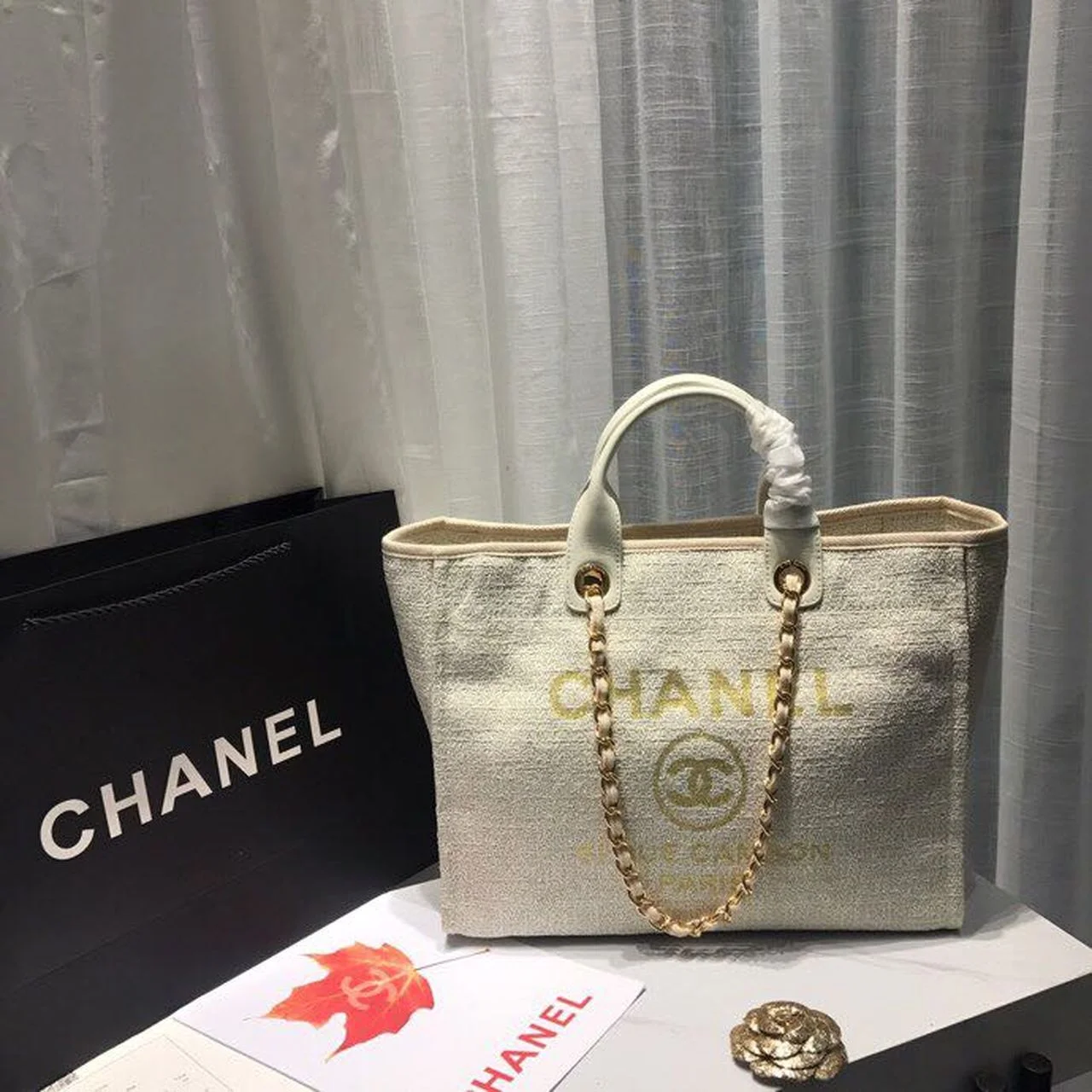 Chanel Deauville Tote Tweed Canvas Bag Fall/Winter Collection, Beige/Cream/Gold/Multi For Women 15in/38cm