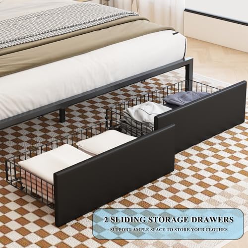 LED Bed Frame Full Size with Bookshelf Headboard, 2 Hidden Storage Drawers, Upholstered Platform Metal Bed Frame with Charging Station