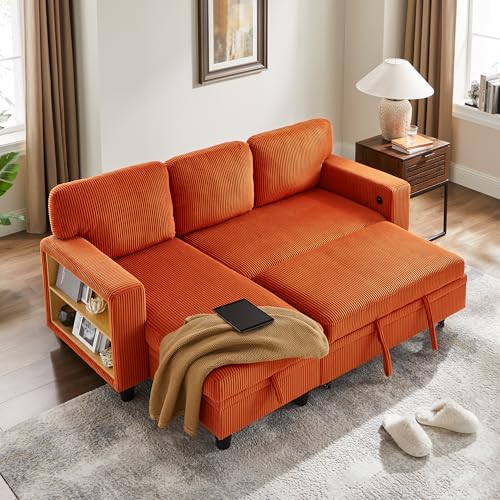 RedLemon 80” Sleeper Sofa Bed,L-Shaped Convertible Sectional Couch with Storage Chaise,2 Built-in Bookshelves and USB Charging Port