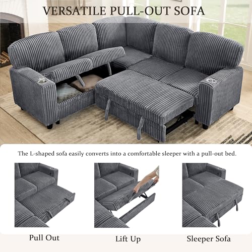 L-Shaped Pull Out Sleep Sofabed,Modern Reversible Sleeper Sectional Sofa Chenille Upholstered Button Tufted Decor with Storage Chaise
