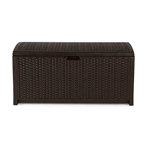 Suncast Outdoor Storage Box - 73 Gallon Mocha Brown Deck Box for Patio, Waterproof Outdoor Storage Bench, Resin Wicker Style, Heavy-Duty