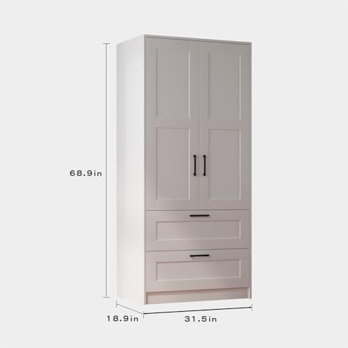 Wood Wardrobe Closet with 2 Doors and Drawers，Bedroom Freestanding Armoire Storage Cabinet with Shelves，Wooden Wardrobe Combination for Hanging