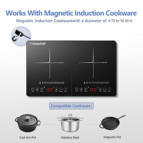 AMZCHEF Double Induction Cooktop 2 Burners Electric Cooker, Independent Control,10 Temperature/Power Levels