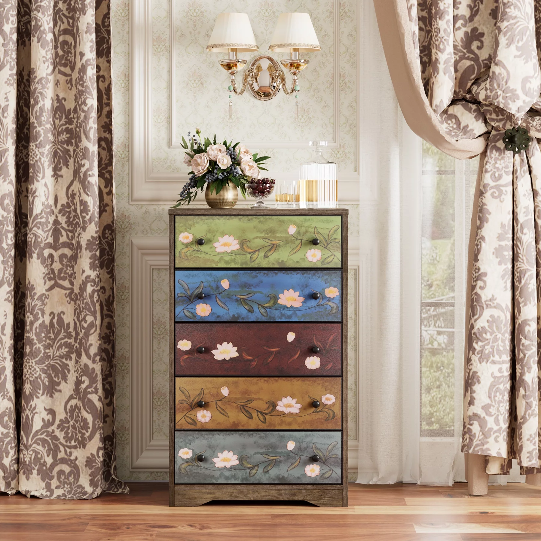 Homfa 5 Drawer Dresser for Bedroom, Boho Accent Dresser Chest of Drawers for Entryway Living Room