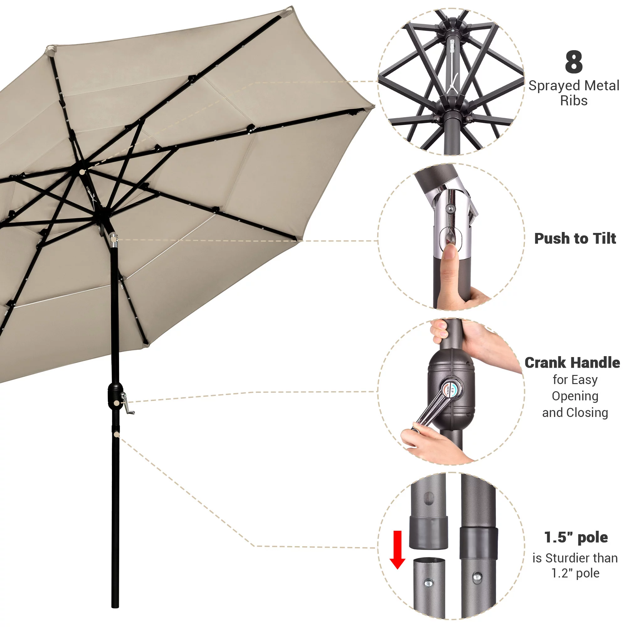 Yescom 10 Ft 3 Tier Patio Umbrella with Solar LED Crank Tilt Button Garden - Radiant Selections