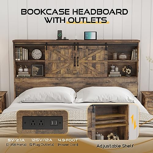 HOWE King Size Bed Frame, Wood Platform Bed Frame with 51.2" Bookcase Headboard, Storage Bed with Sliding Barn Door Charging Station 2 Drawers
