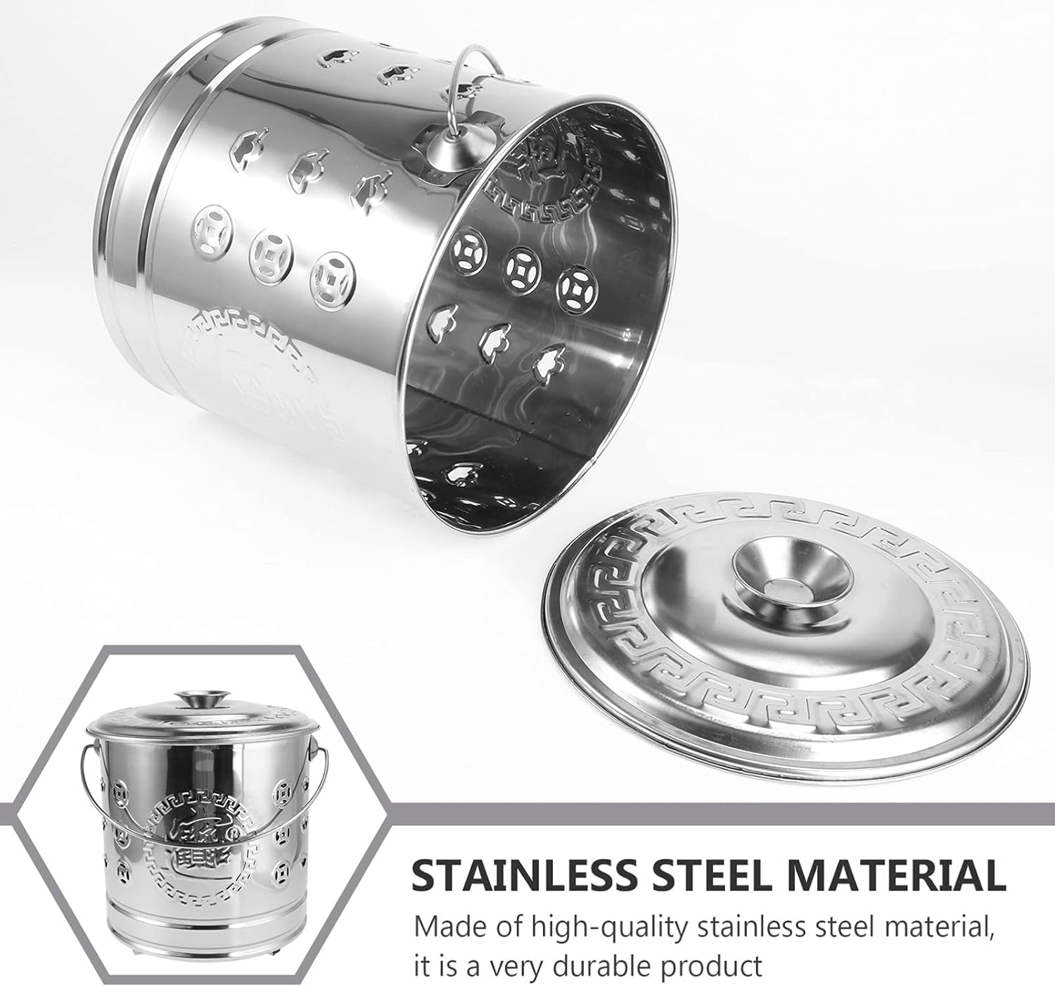 1Set Stainless Steel Burn Barrel Metal Incinerator Can with Burning Tong Garden Furnace for Wood Rubbish Leaves Burning Silver