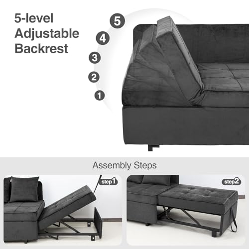 Sofa Bed 4-in-1 Convertible Pull Out Couch, Velvet Love seat Couch Sleeper Chair Bed with 2 Throw Pillow