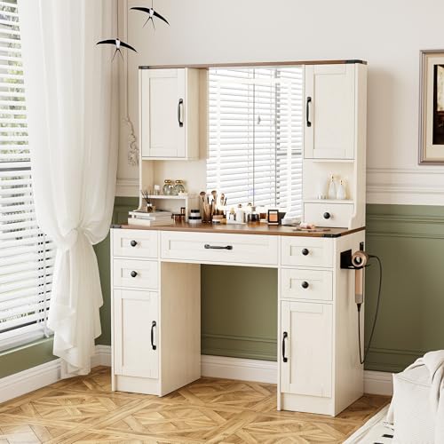 NUNU LAB 42 Inchs Large Vanity Desk with Mirror and Lights with 6 Drawers and 4 Cabinets, Big Women Makeup Table with Power Outlet