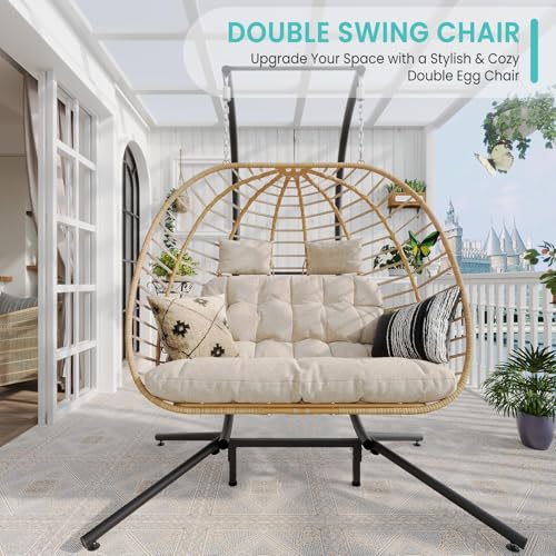 SWITTE Double Egg Swing Chair with Stand, Outdoor Patio 2 Person Hanging Wicker Hammock Chairs with Cushion for Indoor Bedroom, Lawn, Garden-Dark Grey
