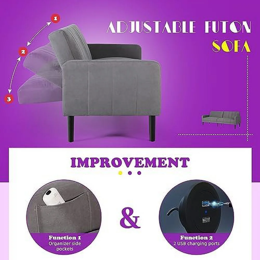 RUNFAYBIU Modern Upholstered Tufted Convertible Folding Futon Sofa Bed w/USB  82\u201D Sleeper Couch Love Seat Pillows  2/3 Seat Loveseat Sofas for