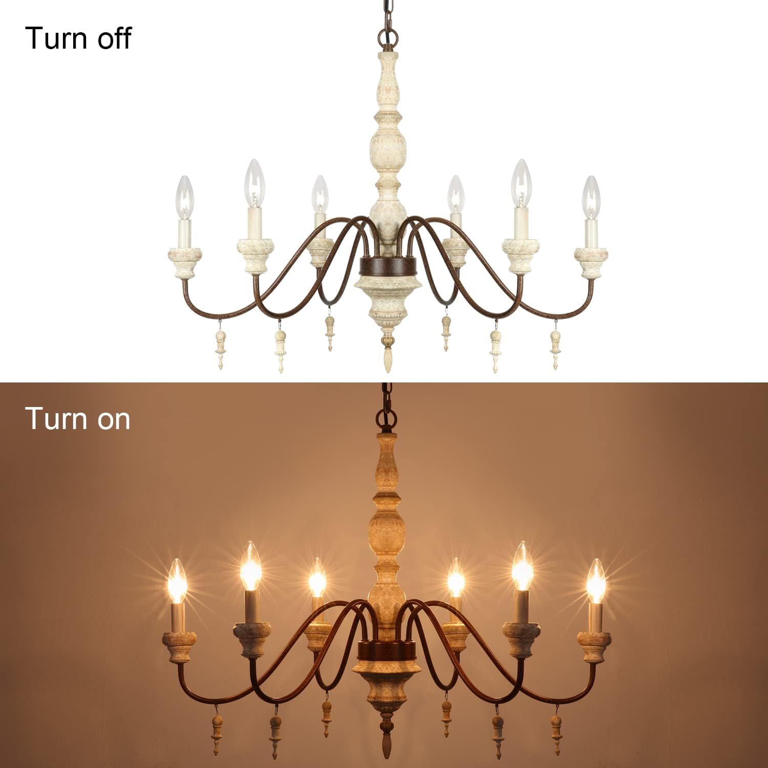 Oldiron 6-Light French Country Candle-Style Chandelier, Distressed White Imitation Wood Metal Chandelier