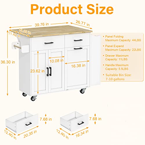 Rolling Kitchen Island with Trash Storage Cabinet, 2 Drawers, Kitchen Island with Drop Leaf, Kitchen Storage Islands Carts W/ 3 Spice Rack
