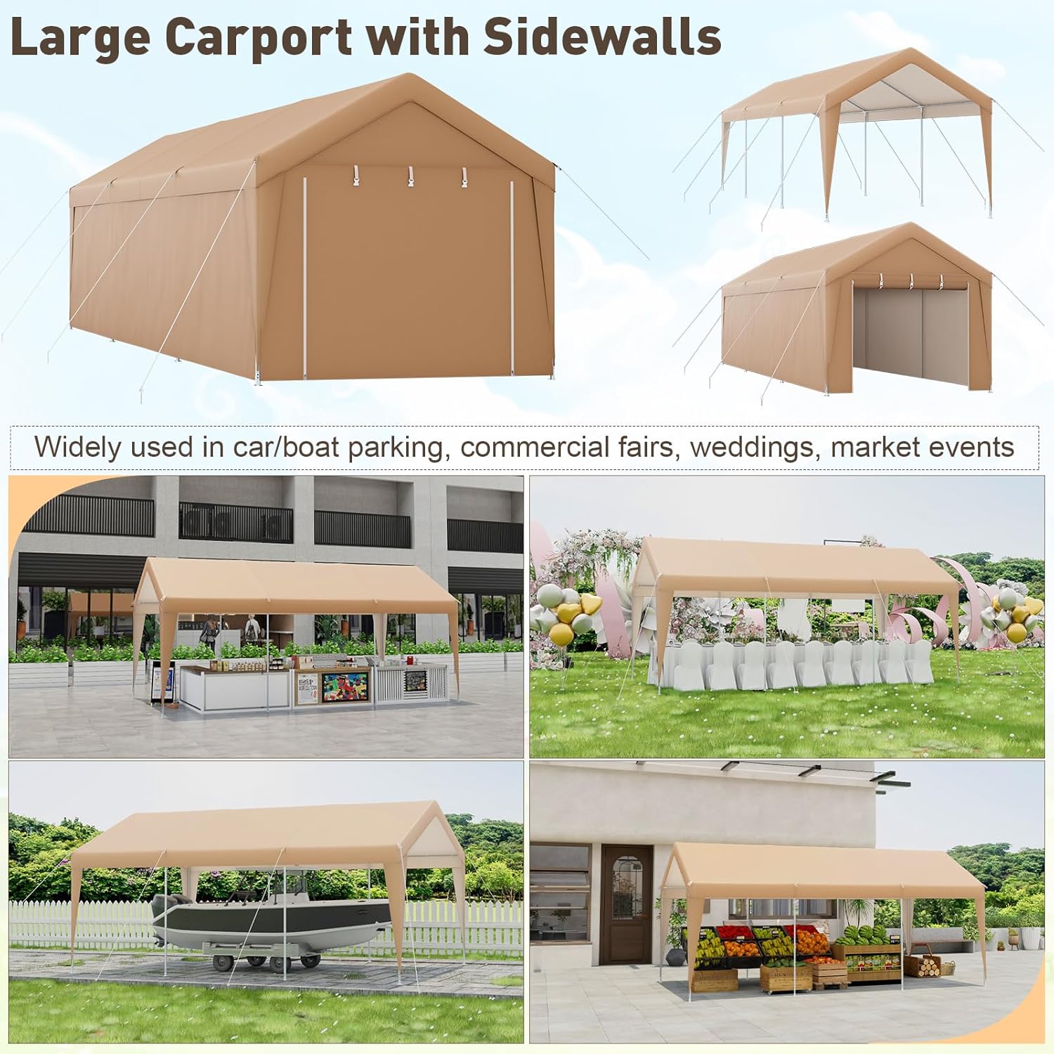S AFSTAR 10x20FT Carport with Sidewalls, Heavy Duty Car Shelter Tent with 2 Roll-up Doors, 180g PE Canopy, 8 Sturdy Galvanized Steel Legs
