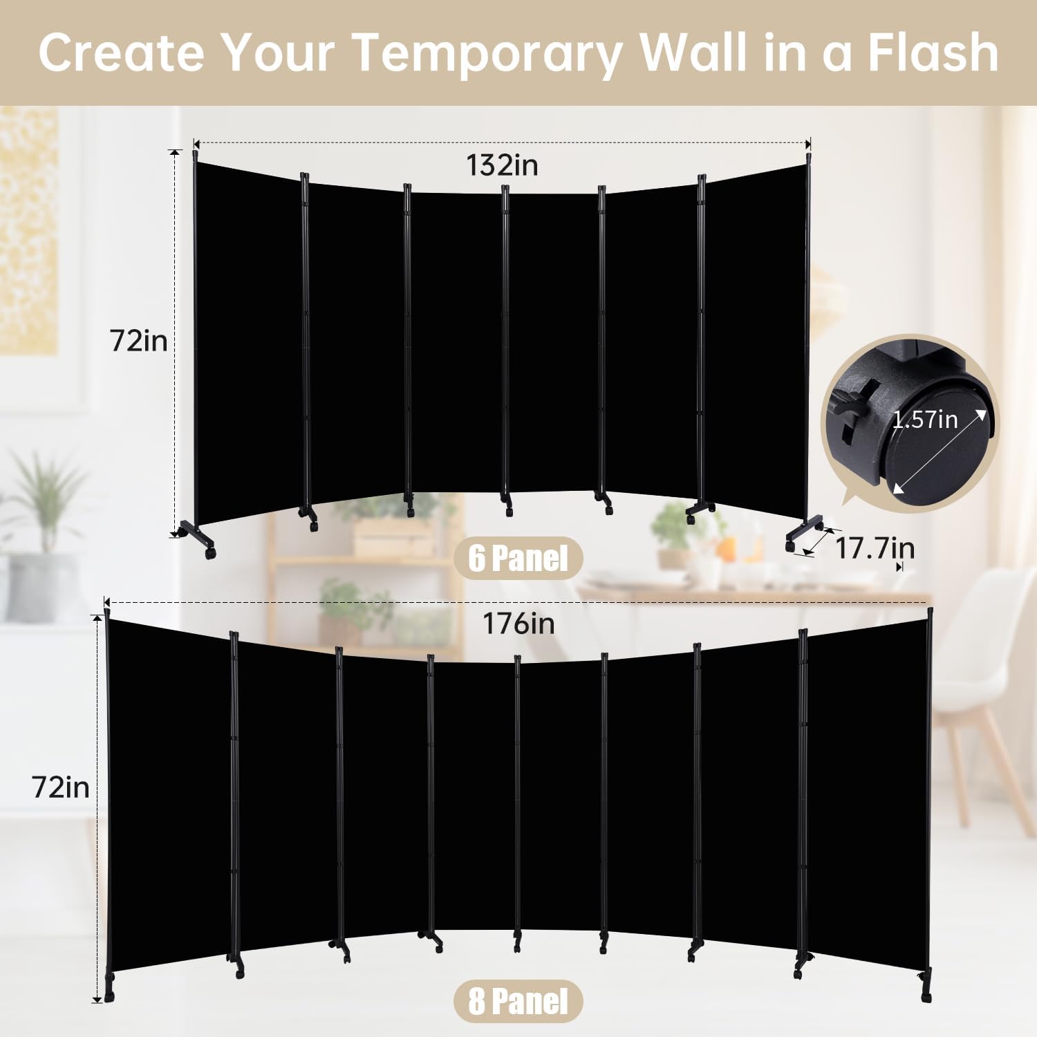 Room Divider 6 Panel Room Dividers/Wheels, Fabric Room Divider Panel for Office Room Partitions and Dividers