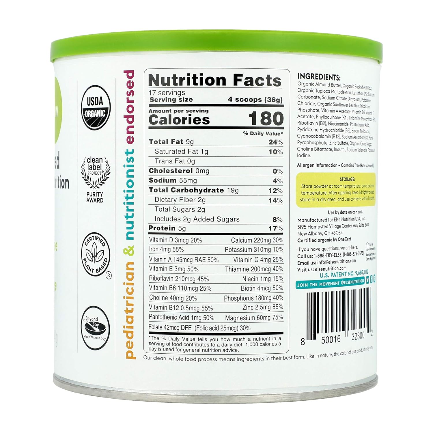 (4-Pack) Else Plant-Based Complete Nutrition Formula for Toddlers 12 mo.+, 22 Oz., Dairy-Free, Soy-Free, Corn-Syrup Free, Gluten-Free, Non-GMO