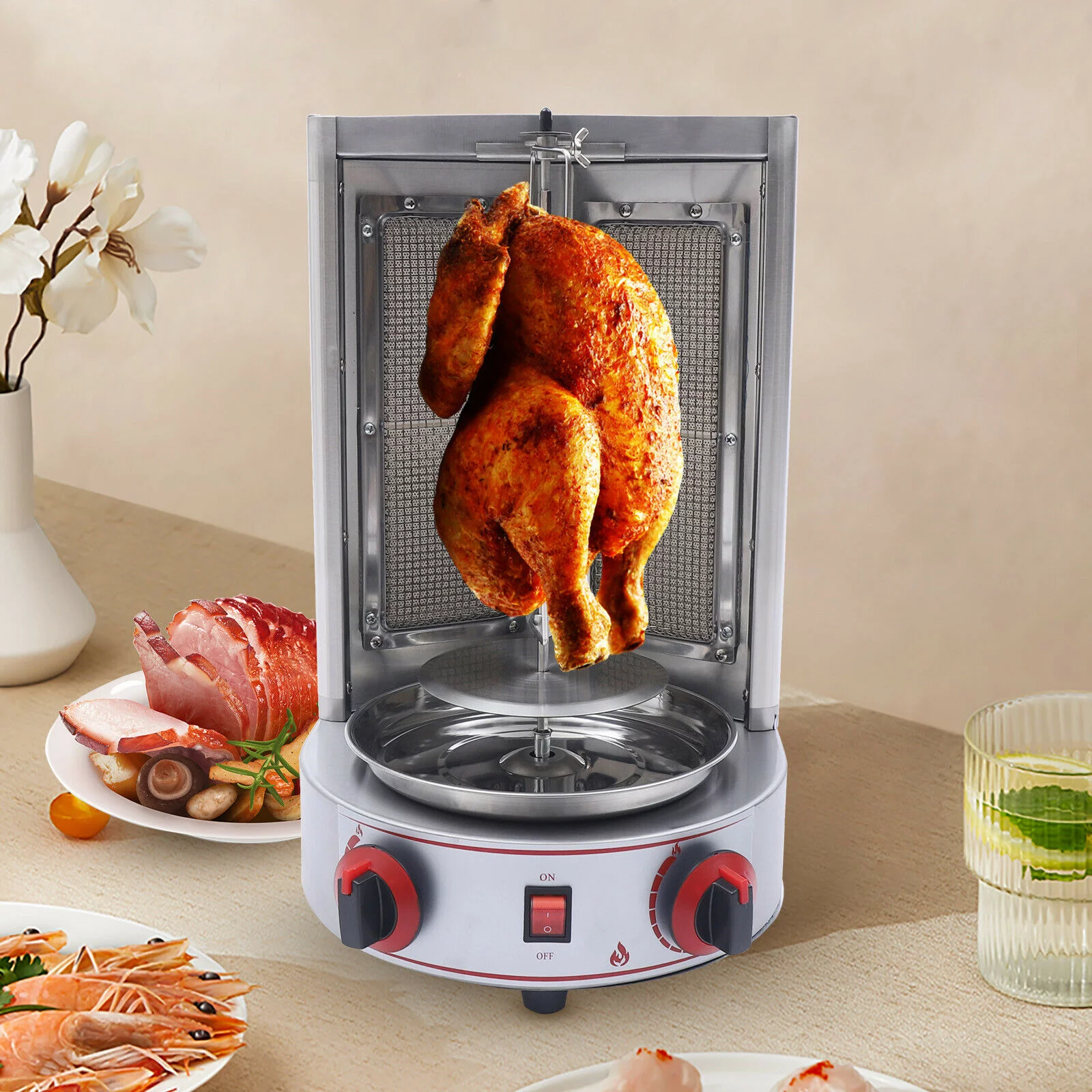 Fichiouy Vertical Gas Broiler Shawarma Machine Doner Kebab Gyro Grill Rotisserie Machine 3KW Silver