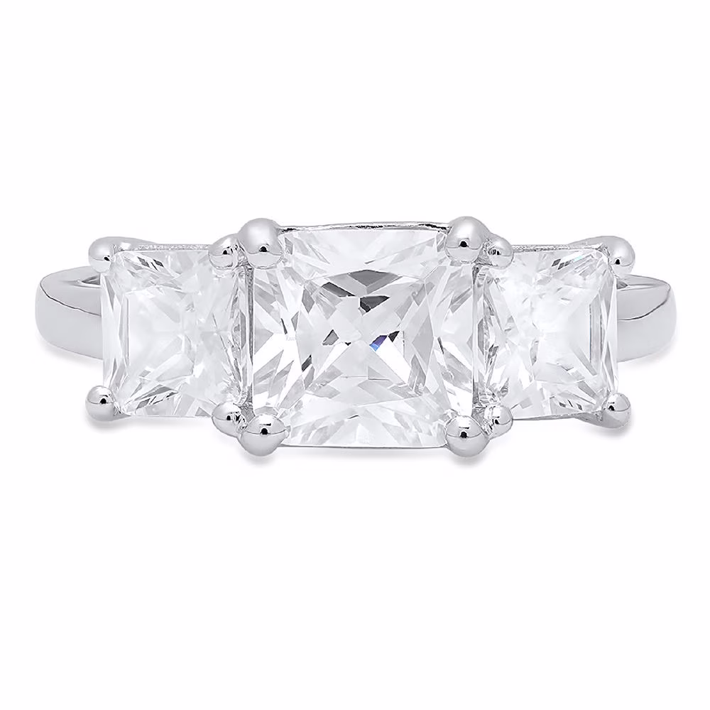 4.0 ct Square Emerald Cut Real Genuine Natural Diamond SI1-SI2 J-K 14K White Gold Three-Stone Promise Wedding Statement Engagement Designer Ring size
