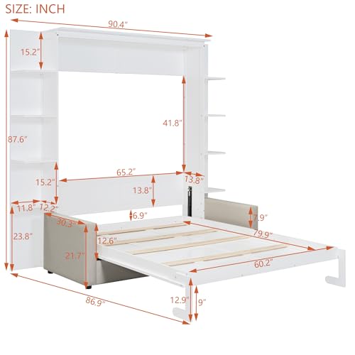 HABITRIO Queen Size Murphy Bed, Wooden Queen Murphy Bed Frame with Shelves, Wall Bed with L-Shape Sofa, White