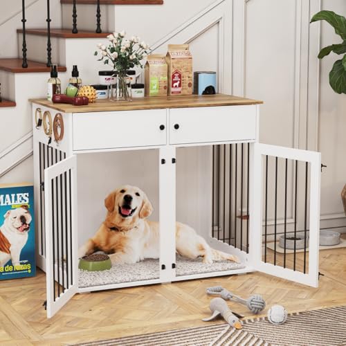 Dog Crate Furniture for 2 Dogs, 41 Inch Double Dog Cage with Removable Divider, Wooden Dog Cage, Dog Kennel Indoor with 2 Doors for Medium/Small Dogs
