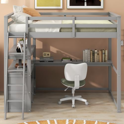 Full Size Loft Bed with Desk & Wardrobe, Solid Wood Kids Loft Bedframe w/3 Storage Drawers & 2 Shelves, Maximum Space Design, for Bedroom, Dorm, Gray