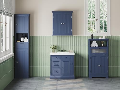 ChooChoo Bathroom Floor Storage Cabinet with Flip Glass Drawer, Freestanding with 2 Doors, Adjustable Shelf & 1 Open Storage for Living Room, Hallway
