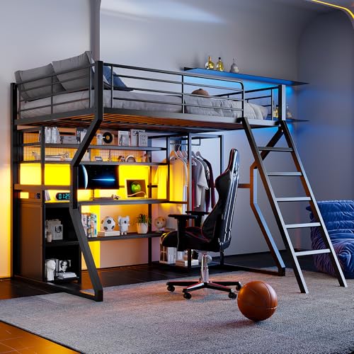Bellemave Full Size Loft Bed with L-Shaped Desk, Full Metal Loft Bed with 6 Storage Shelves, LED Light, Charging Station