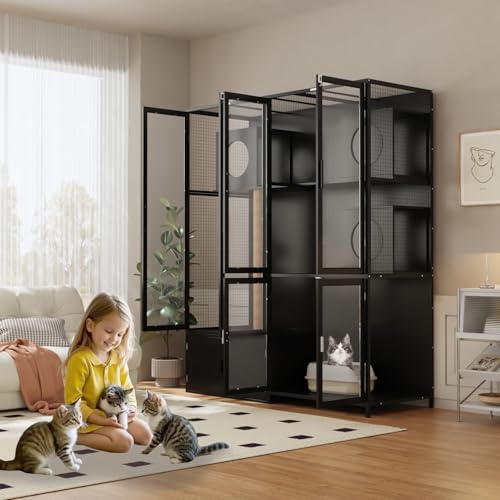 63" Cat Litter Box Enclosure, Extra Large Hidden Decorative Litterbox Cabinet Furniture with 3 Rooms, Acrylic Doors and Scratching Post for Big Cats