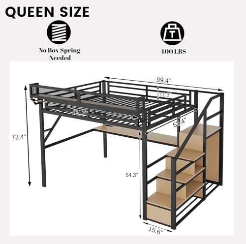 Full Size Loft Bed with Desk and Stairs, Heavy-Duty Steel Loft Bed Frame with Wardrobe & LED Light